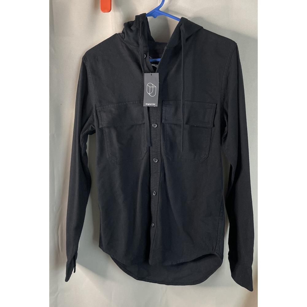 Original Use Mens XS Hooded Button Down Shirt Black Long Sleeve Flap Pockets NEW